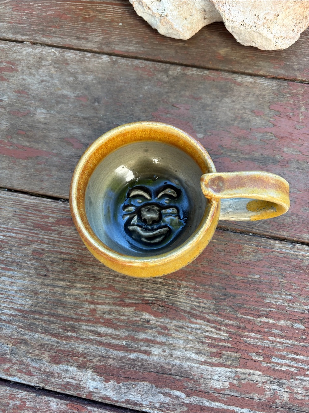 One of a kind Handmade Yellow Ceramic Mug with Face Detail